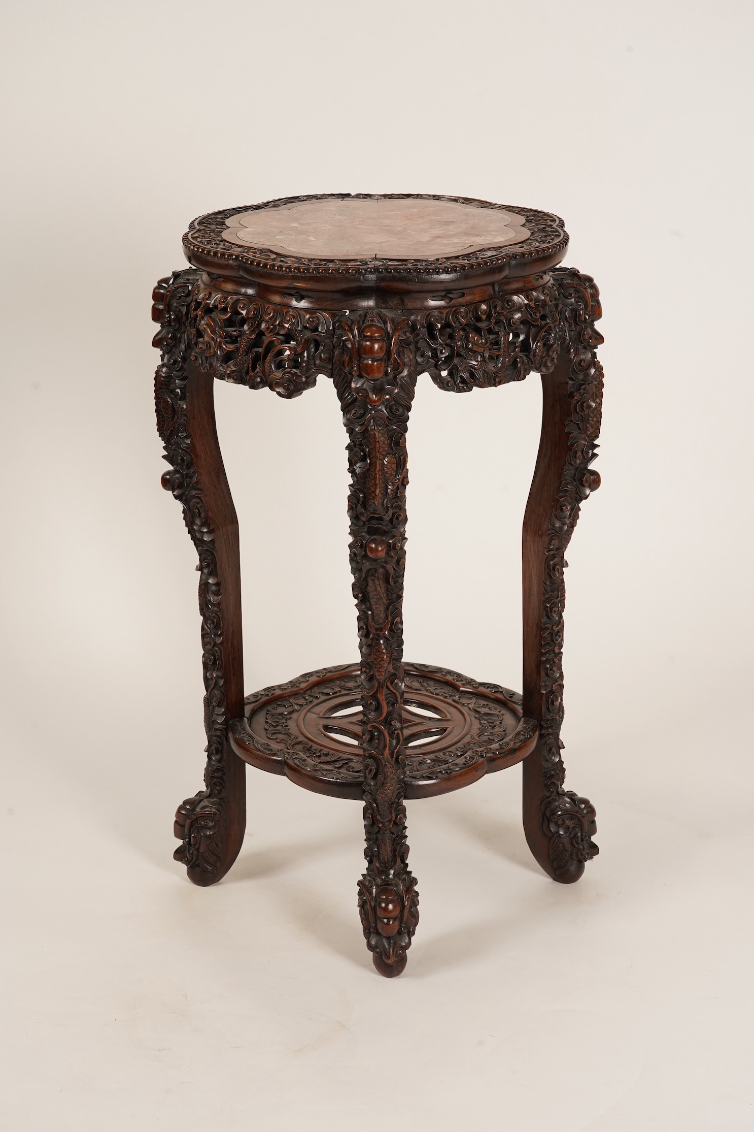 A Chinese hongmu and marble ‘dragon’ jardiniere stand, late 19th century